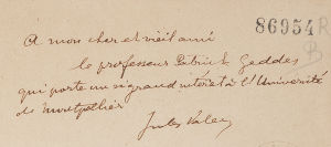 Dédicace de Jules Valéry, doyen de la faculté de Droit et frère de Paul Valéry, à Patrick Geddes. VALÉRY (Jules), Le séjour de Pétrarque à Montpellier, Montpellier : Roumégous, 1921. (BIU Montpellier – section Lettres – cote BRX 86954)